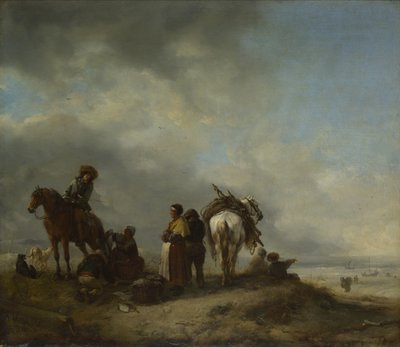 Vista de una costa con pescadoras ofreciendo pescado a un jinete de Philips Wouwerman